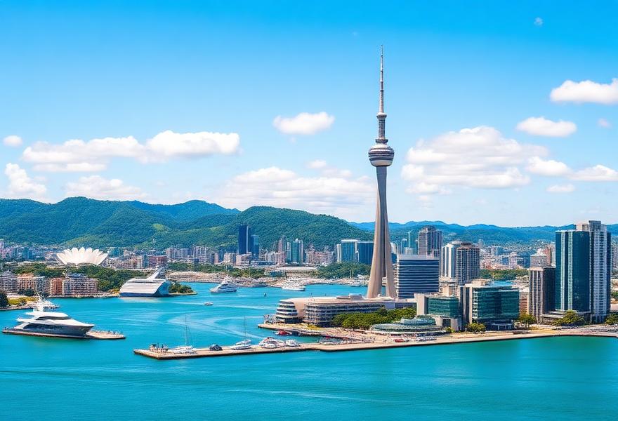 Auckland harbour skyline and Sky Tower, New Zealand